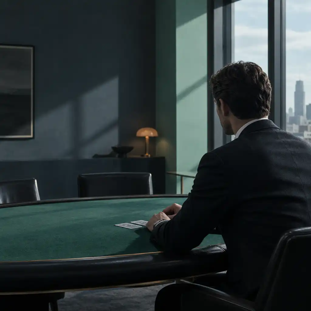 A solitary figure standing thoughtfully beside a green felt table in a restrained modern interior.