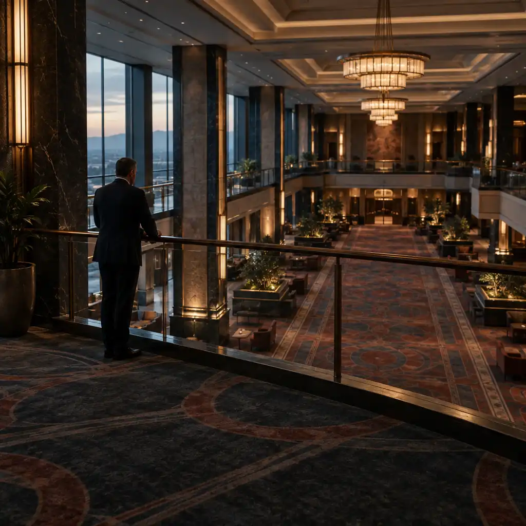 A solitary suited figure at a mezzanine railing above a geometric, unbranded casino-like interior.