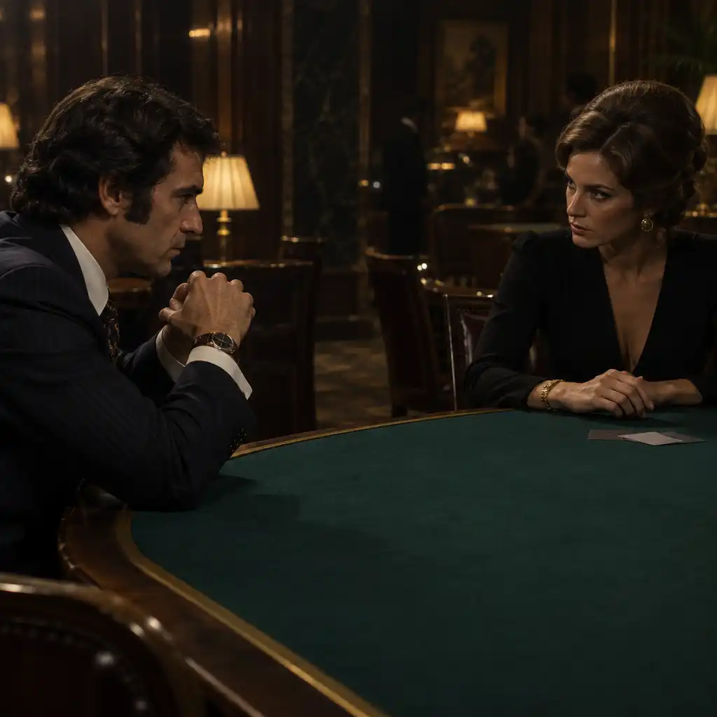 Two adults facing one another across a softly lit felt table in a tense confrontation.