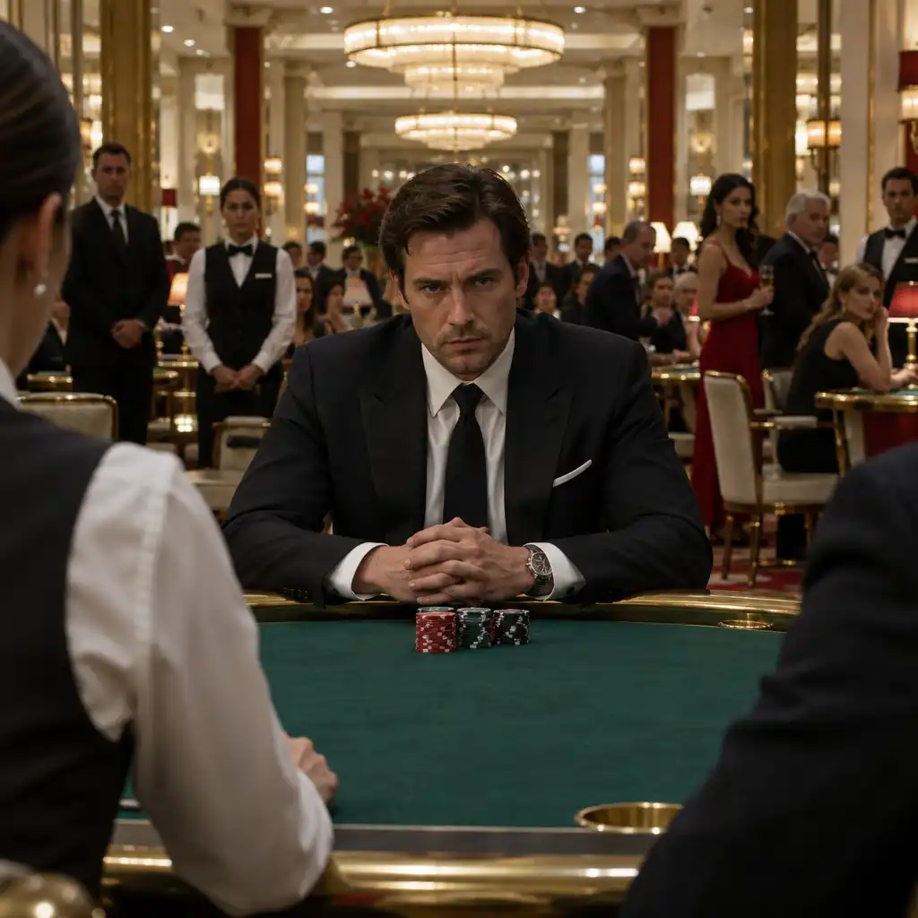A tense card table viewed from above, with hands, cards, a dealer silhouette, and mirrored sightlines.