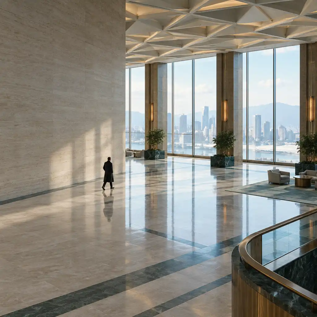 A distant figure crossing a quiet daylight lobby with tall windows and geometric architectural lines.