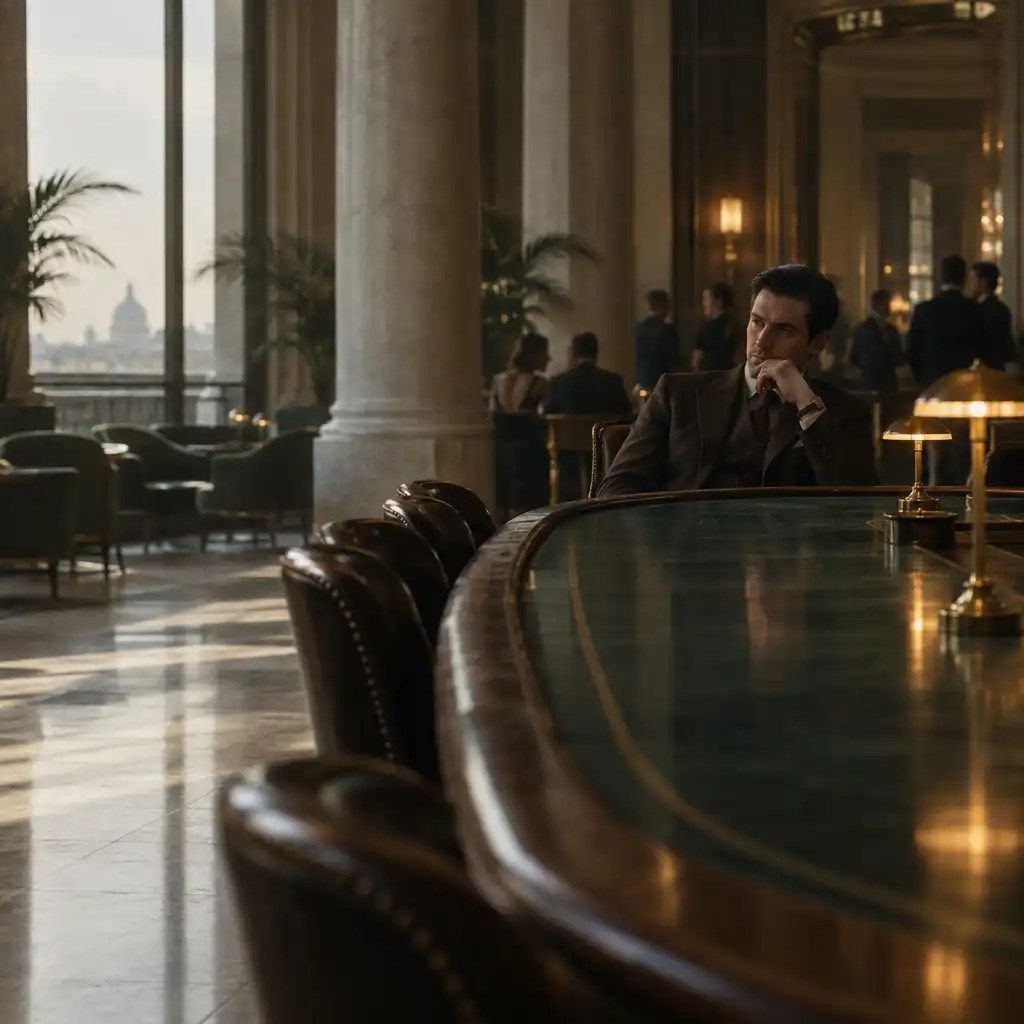 A composed figure seated at the far end of a long polished lounge table, with columns and blurred patrons receding behind