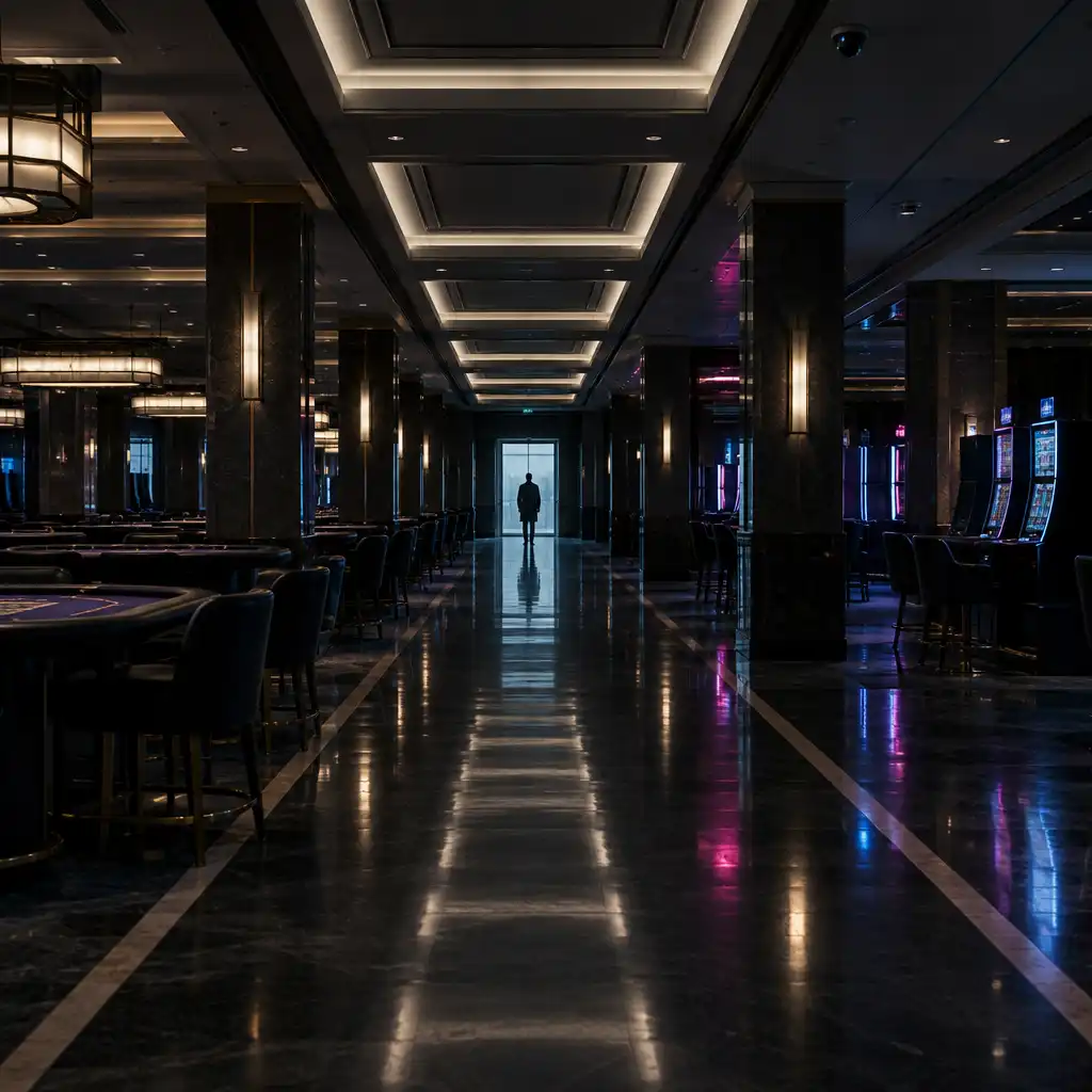 An empty, geometrically lit corridor with a distant figure at its vanishing point.