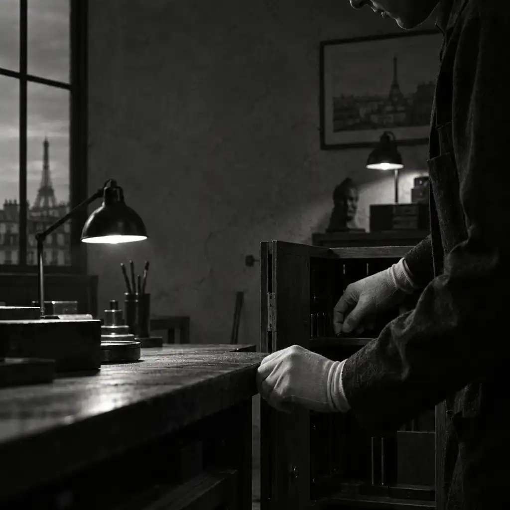 Gloved hands near a workbench in a shadowed mid-century workshop.