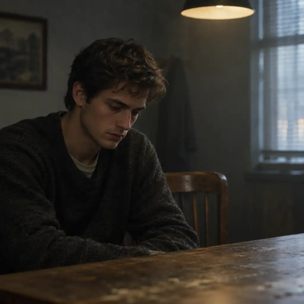 A thoughtful person seated alone under a soft pool of light beside an out-of-focus table.