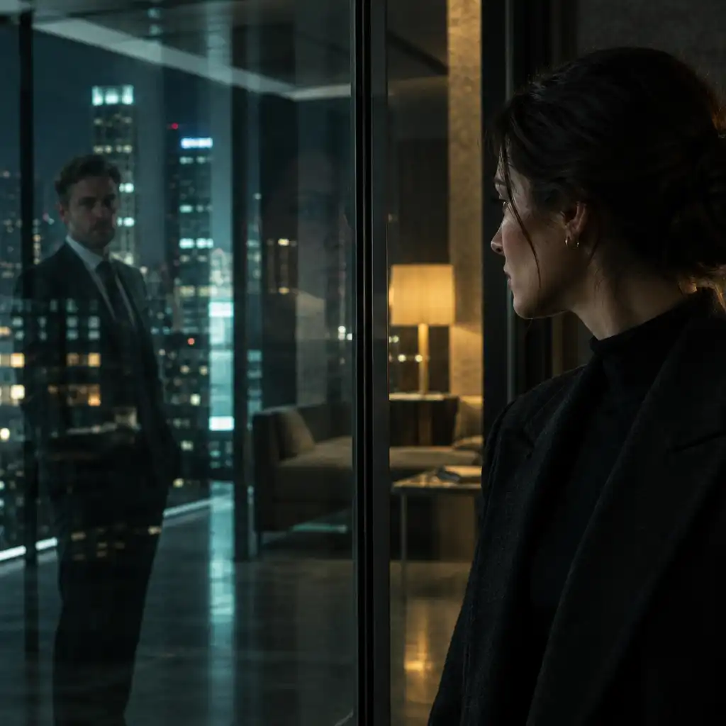 Two adult figures separated by a reflective glass partition in a modern city interior at night.
